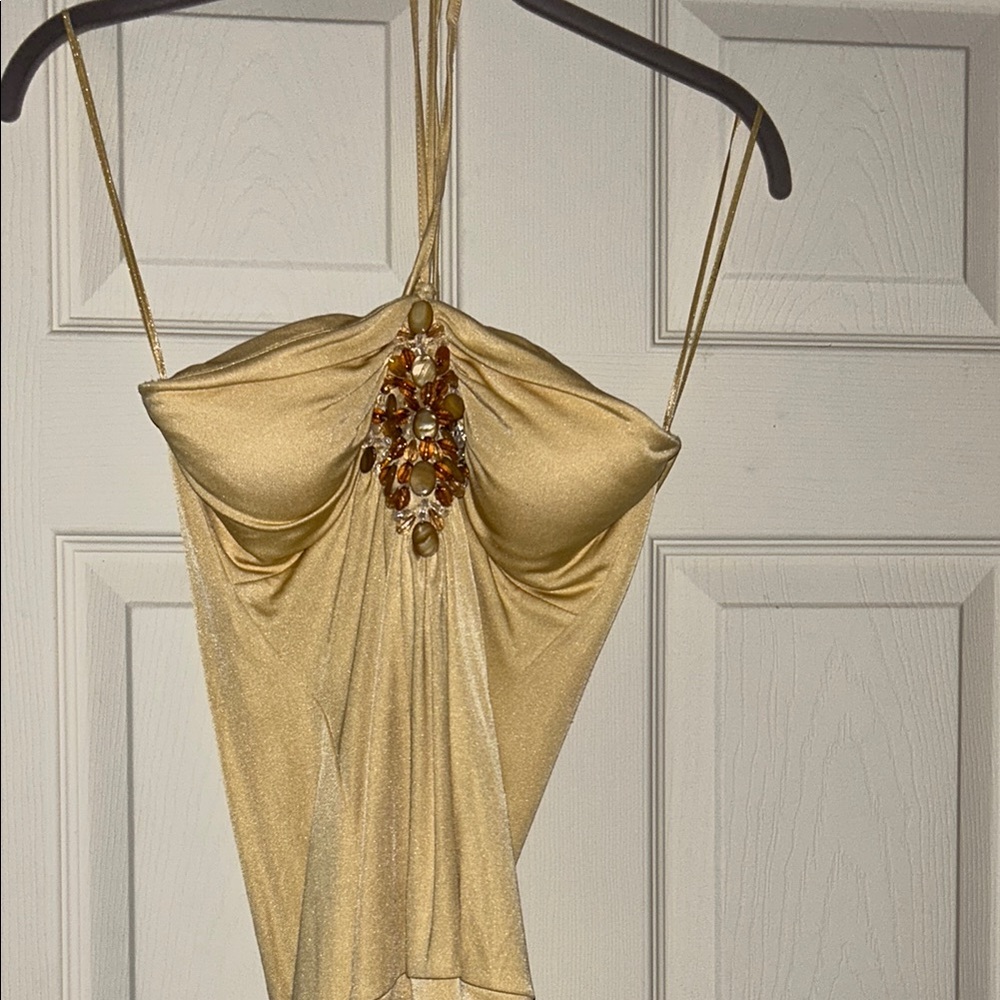Elegant Gold Halter Top with Jewel Accent